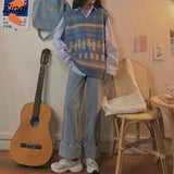 Women Sets Autumn 2 Piece Striped Hot Sale Shirts Knitted V-neck Printed Vest Sweet Cute BF Ulzzang Korean Style College