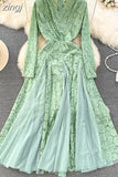 Autumn Women Mesh Patchwork Lace Long Dress Vintage V-Neck A-Line Elegant Party Maxi Robe Purple/White/Green Vestido