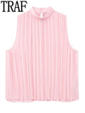 Pleated Chiffon Blouses Women Sleeveless Pink Top Female Loose Summer Blouses Woman 2023 Fashion Elegant Chic Woman
