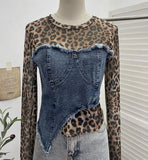 Shooting Fashion Leopard Tard Tard Babes Mesh Splicing Denim Irregular Bottom Shirt Short Top