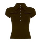 Retro Two-Sided Pocket Polo Collar Short Casual T-Shirt T-Shirt T-Shirt Buckle Work-Loaded