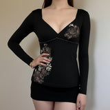 Flower-Print Cross-Chest Type V-Neck Dress Autumn New Temperament Long Sleeve Bottom T-Shirt