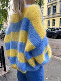 And Winter New Round-Necked Collar Sweater Knitted Jersey Lazy Loose Gradient Stripe Bump