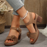 Slope And Thick-Soled Sandals Women's Shoes Coarse Heel Large-Size Flower Decoration A Word With Lattice High