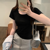 Short Threaded Shoulder Slim Short-Sleeved T-Shirt Women's New Solid Color Summer Casual Round Collar