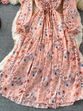 Autumn Women Floral Chiffon Midi Dress Vintage V-Neck Flare Long Sleeve High Waist A-Line Vestidos Female New