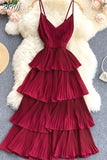 Women Draped Ruffle Spaghetti Strap Dress Sexy Vacation Beach Vestidos Female Elegant High Waist Slim Midi Robe 2023