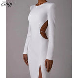 Sexy Backless Maxi Dress Women Black Hollow Out High Slit Evening Dress Female Autumn Skinny Elegant Party Clubwear