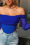 sale! Summer Corset Top Women Y2k Tops Blue Boycon Crop Top Off The Shoulder Sexy Mesh Top Outfits Girl Party