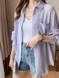 Korean Fashion Wrinkle Women Sun Proof Shirt Elegant Ice Silk Long Sleeve White Blouse Loose All Match Lazy Wind Tops