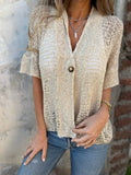 New Women's Spring And Autumn Women's Style Buckle In The Sleeve Hollow Knitted Shirt