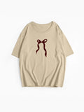 Sale Of Retro Simple Bow Print T-Shirts For Girls In Summer Loose Round-Neck Pure Cotton Short