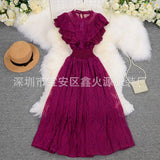 Zingj Retro Round Collar Lace Pressure Pleated Skirt Temperament Goddess Fan Xia New Style Waist Lotus Edge Show Thin