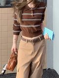 Cocoa Design Small Gentle Brown Striped Knitted Polo Shirt Girl Early Autumn Collo Long-Sleeved