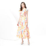 Court Style Print Flying Sleeve Dress Women's Summer Net Yarn Hollow Hook Design Light Luxury Temperament
