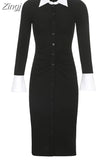 Casual Flare Sleeve Skinny Solid Midi Dress Female Elegant Ruched Buttons Up Autumn Shirt Dress Slim Ladies