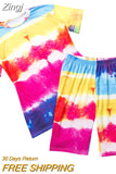 Women Tie Dye Sports Clothing Sets Lady Pullover Short Sleeve O Neck T Shirt Top + High Waist Knee Length