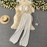 Zingj Vacation Suit Sexy Hanging Neck Wipe Chest Strap Top Hollow Out Knit Wide-Leg Pants Two