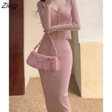 Autumn Tow Piece Set Women Korean Slim Long Sleeve Knitted Cardigan Tops+sexy Bodycon Skirt Casual Evening Party Set