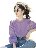 Chinese Style Buckle Round-Neck Shirt For Women In Spring 2025 New Ocean Design Purple Long-Sleeved