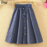 Knee Lenth Denim Skirt Women For Spring Summer 2022 Korean Blue Striped High Waist Sun School Midi Skirt
