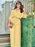 Women's 2025 Summer Drawstring Long-Sleeved Shirt + Casual Pants Set Women's
