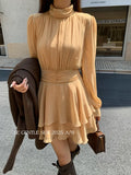 Xixi 2025 Autumn New White Standard Temperament High-Necked Long-Sleeved Plus Velvet Dress High-End Short Dress Women