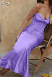 Satin Maxi Dress Sexy Long Prom Evening Party Dresses With Glove Purple V Neck Spaghetti Strap Dresses For Women
