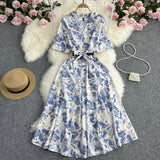 Zingj Summer New Temperament Shirt Dress Female Print Close Waist Over The Knee Big Place Socialite Floral Long Skirt