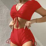2022 New Split-Skinned Draw-Folding Rope Solid-Color Swimsuit