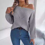 Shooting 2025 Autumn And Winter Leisure Hollow Word Collar Shoulder Lantern Sleeve Sweater Women's