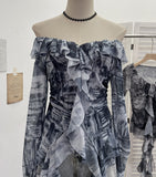 Shooting Retro Shoulder Tie-Dye Net Horn Long-Sleeved T-Shirt Irregular Lotus Leaf Side Ribbon Y2k Top