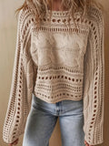 Women's 2025 Crochet Burqa Hollow Women's Long-Sleeved Round-Neck Short Top Beach