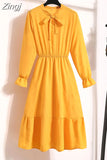 Women Shirt Dress Casual Spring Autumn Vintage Floral Print Bow Long Sleeve Elegant Office A-line Midi Dress