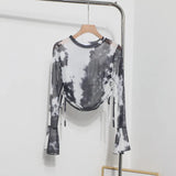 Solid Shot Tie Dyed Mesh Yarn Small Lequine Horn Long Sleeve Thin T-Shirt Drawstring With Short Repair Body Coat