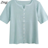 Sleeve T-shirts Women Candy Color Knitted Button Loose All-match Summer Students Leisure Daily Tops Female Lady