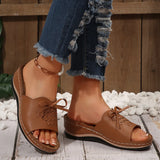 New Summer Slope And Fish Mouth Slippers Women's Shoes Casual Large Size Coarse And Slippers Bow Solid