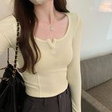 V Neckline Short Threaded Long-Sleeved T-Shirt Women's Autumn New Bottomed Shirt Design Niche
