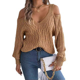 Shooting 2025 Autumn And Winter Casual Pure Color Plain Flower Shoulder Lantern Sleeve Sweater Women's