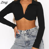 Women’s Casual Long Sleeve T-shirt Fashion Solid Color Button Lapel Exposed Navel Tops Autumn Crop Tops