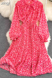 Women Floral Pleated Dress Elegant Bow Collar Flare Long Sleeve High Waist A-Line Ruffle Draped Vestidos Female Robe