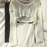 Women Summer Long Sleeve Crop Tops Thin Breathable Hollow Out Korean Style O-neck Loose Sun-proof Chic All-match