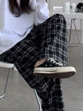 Women Plaid Pants Casual Black Oversize Loose Summer Wide Leg Trouser Retro Teens Harajuku Hip Hop All Match