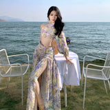 Zingj Shoulder One Shoulder Long Sleeve Dress Skirt Floral Dress Female Sanya Thailand Holiday