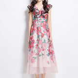 Elegant Dress Women's Summer Famous High-End Feel Lotle Side V-Neck Waist Thin Print Large Swing