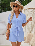 / Summer 2025 New Style Short Sleeve Tie Lapel Jacquard Knit Pure Color Short Jumpsuit