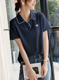 With Short-Sleeved T-Shirt Women 2025 Summer New Love Embroidery Collar Casual Slim Polo