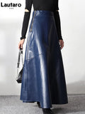 Autumn Long Black A Line Soft Faux Leather Skirt Women High Waist Blue Stylish Maxi Skirts Korean Fashion Clothing