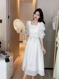 Sexy Casual Bow Square Collar Short Puff Sleeve Evening Midi Dresses for Women 2023 Summer New Maxi Dress Elegant