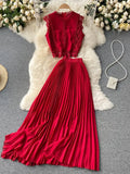 Lace Chiffon Two Piece Set Women Vintage Beach Party Sleeveless Short Tops Pleated Long Skirt Female 2pcs